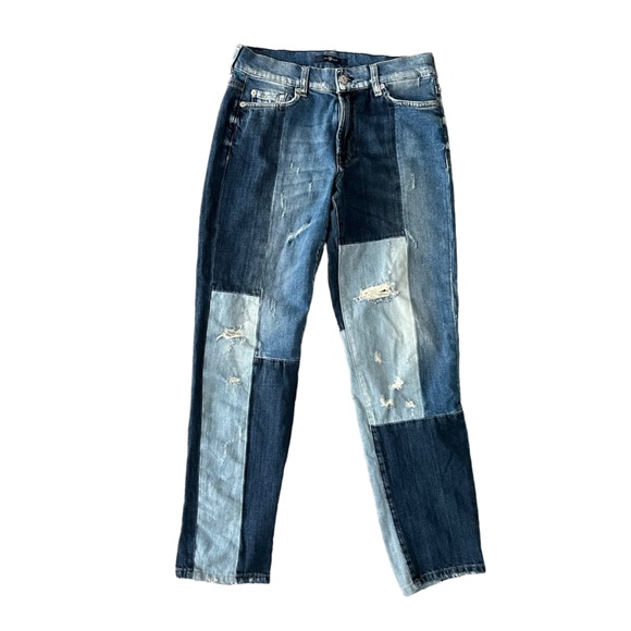 7‎ for all mankind patchwork denim distressed straight leg jeans - Picture 2 of 16